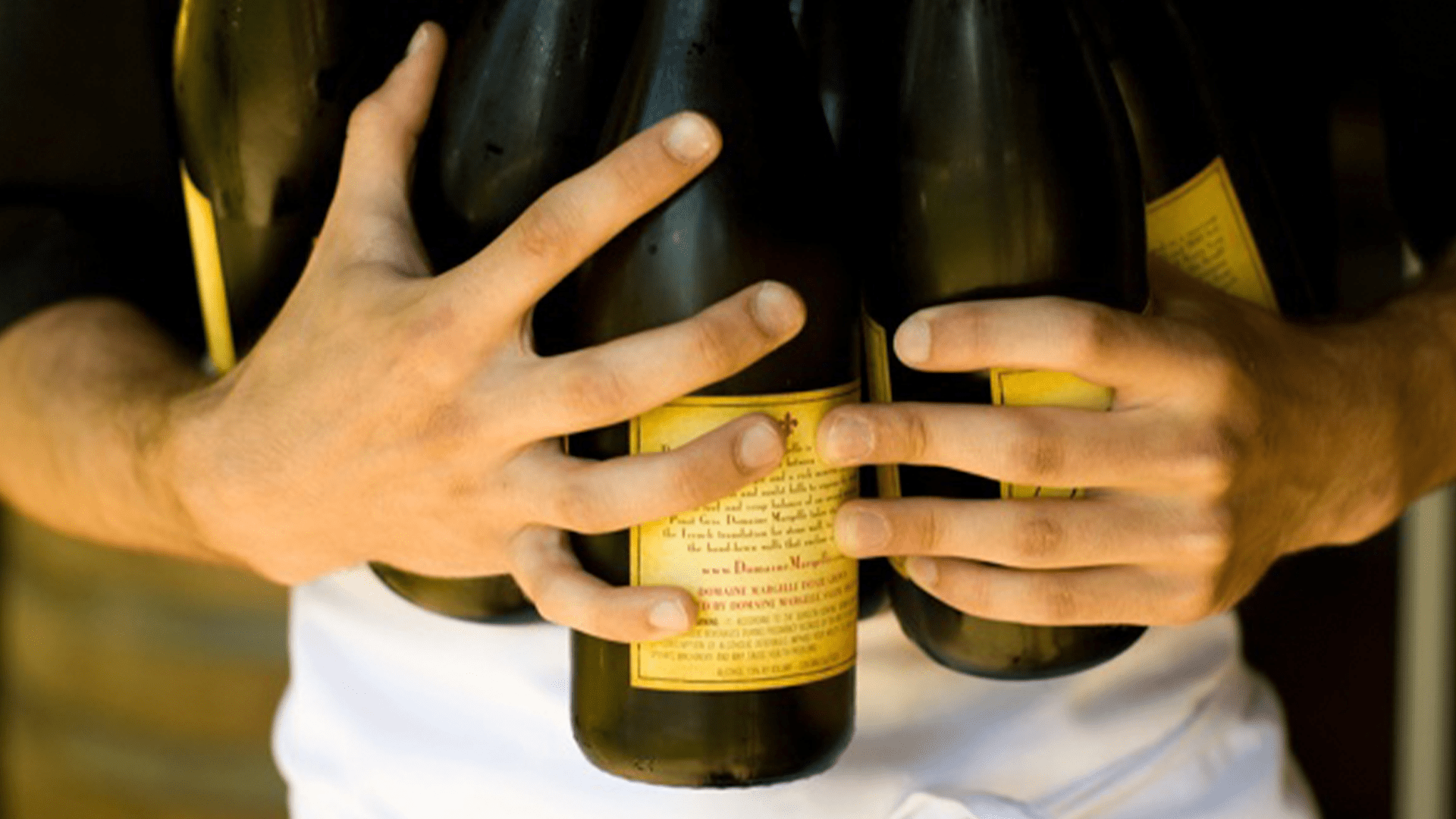 photography of Domaine Margelle pinot noir wine bottles held by a waiter. Back of label. Designed by Nick Bradshaw at Bradshaw Design.