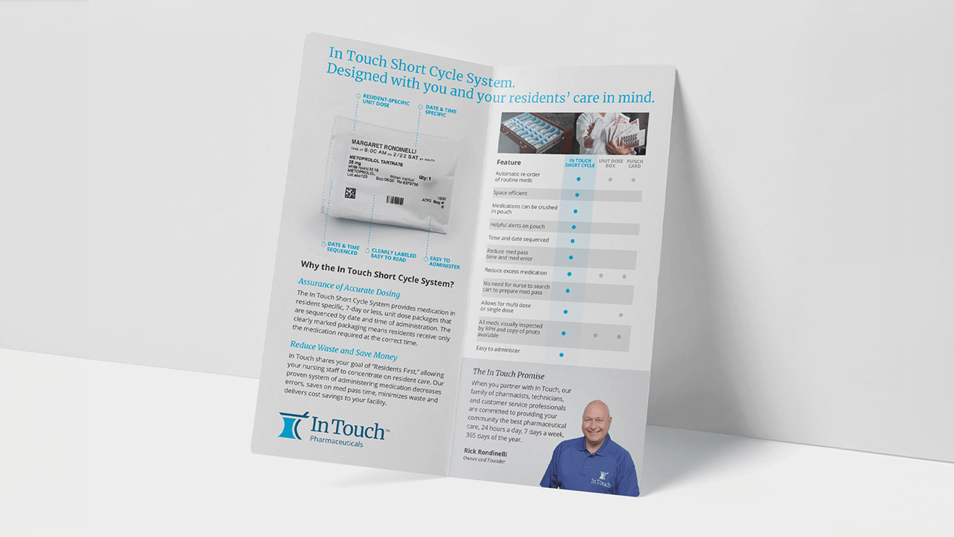In Touch Pharmaceuticals sales brochure design. Designed by Nick Bradshaw at Bradshaw Design.