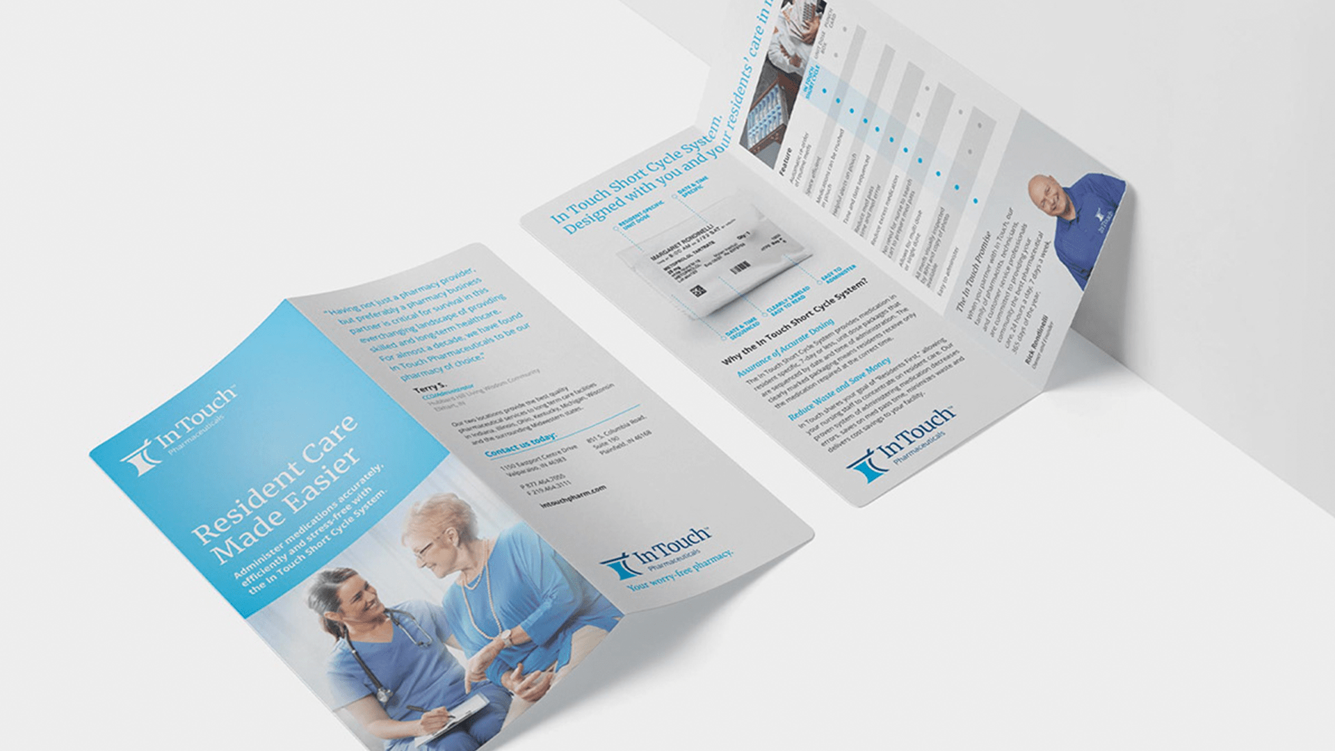 In Touch Pharmaceuticals sales brochure design. Designed by Nick Bradshaw at Bradshaw Design.