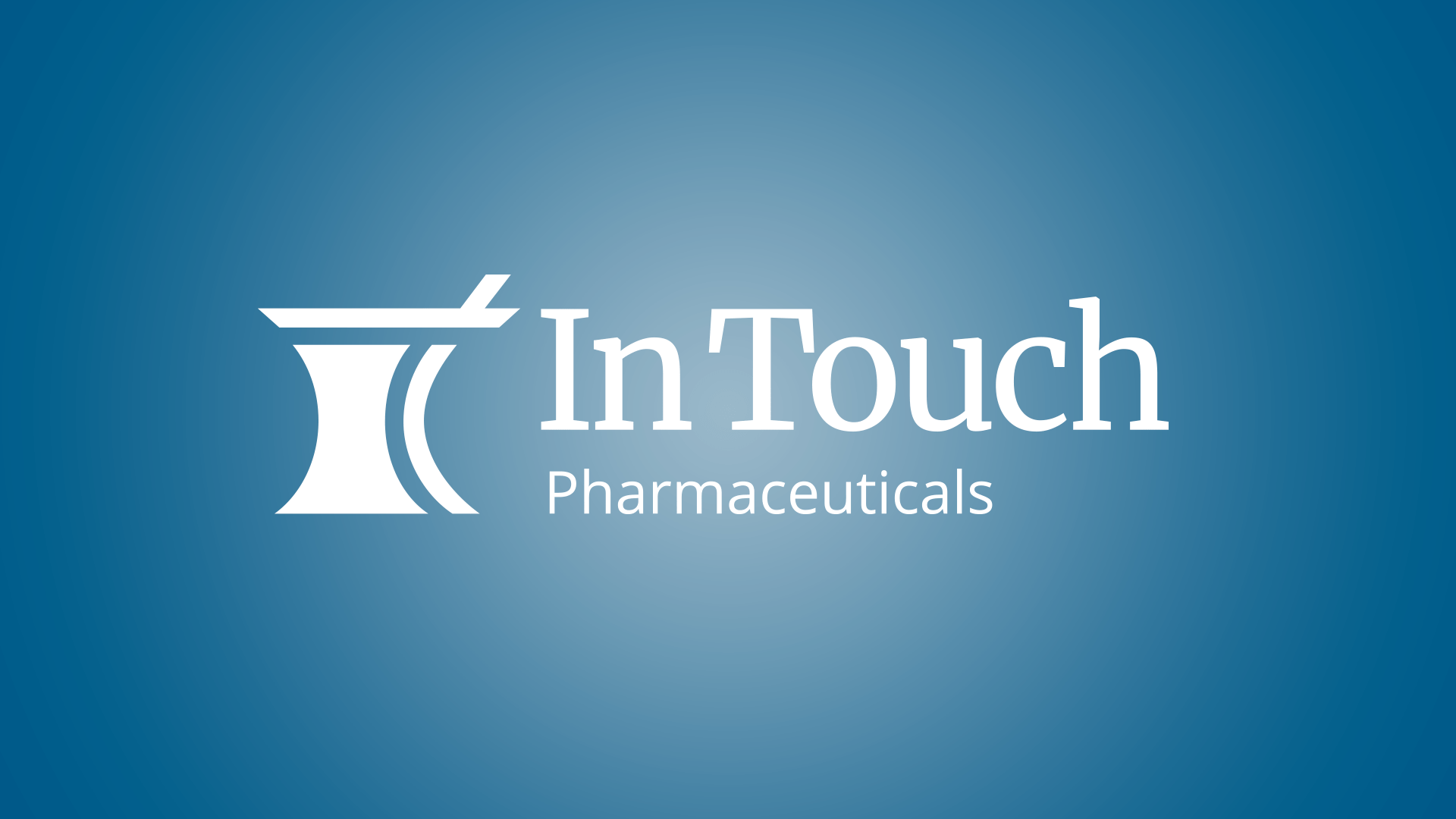 In Touch Pharmaceuticals logo design. White on dark blue background. Designed by Nick Bradshaw at Bradshaw Design.