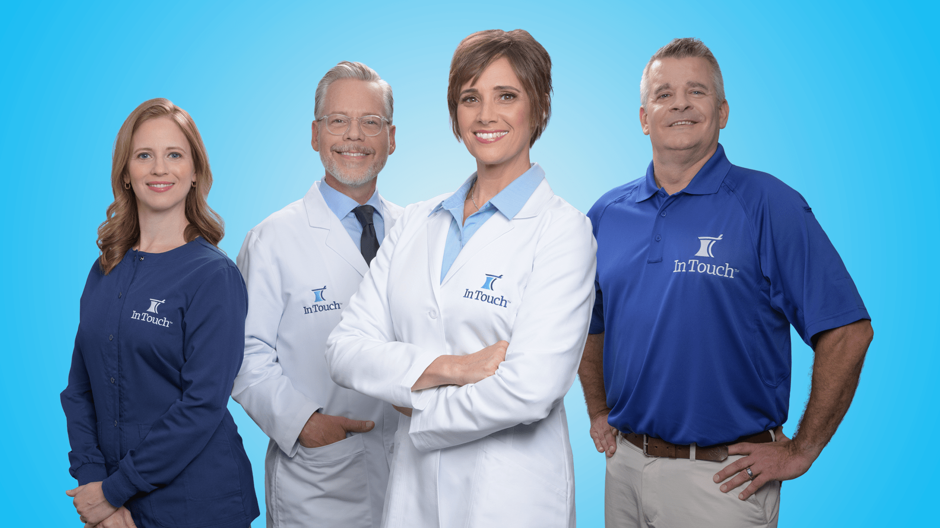 In Touch Pharmaceuticals brand photography. Group photography include four people. Two pharmacists, one delivery driver, and one call center operator.