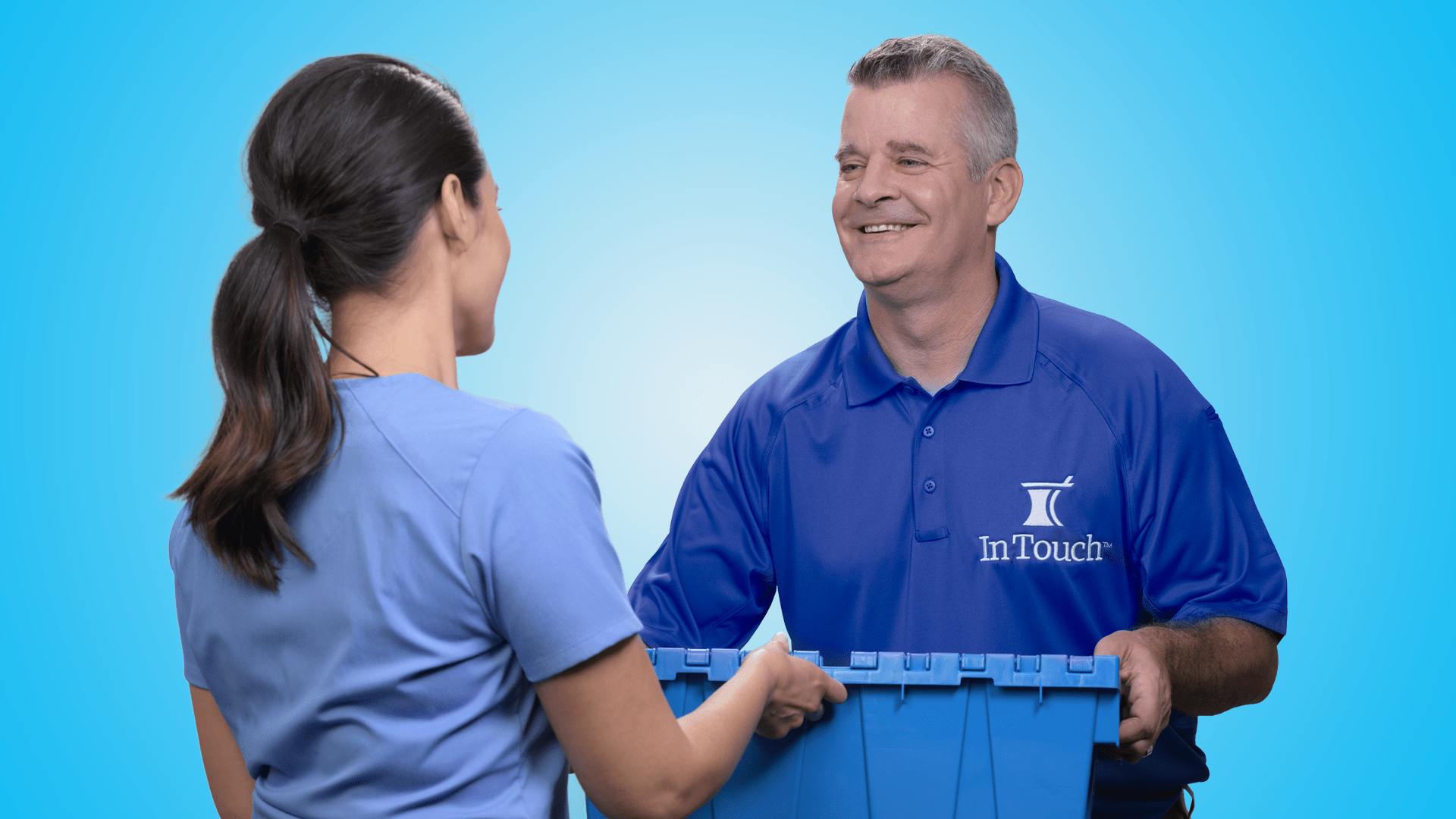 In Touch Pharmaceuticals brand photography. Nurse with delivery driver.